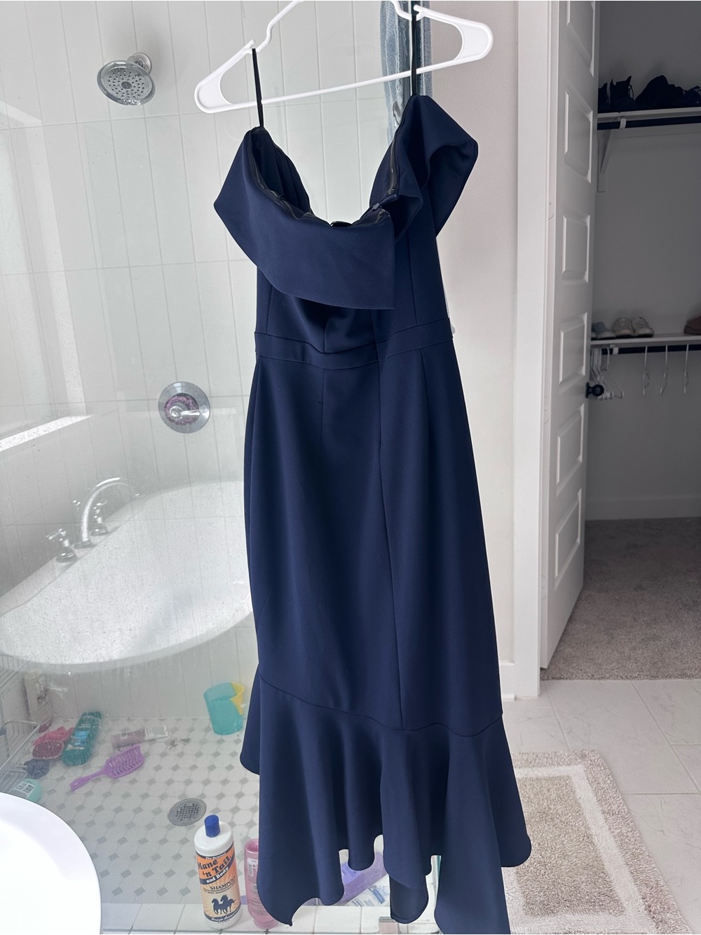 Xscape Navy One-Shoulder Ruffle-Hem Gown